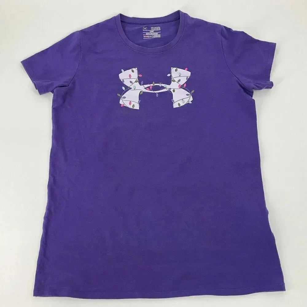 Under Armour Kids XL Shirt Logo Christmas Lights Youth Tee Purple Holiday Party